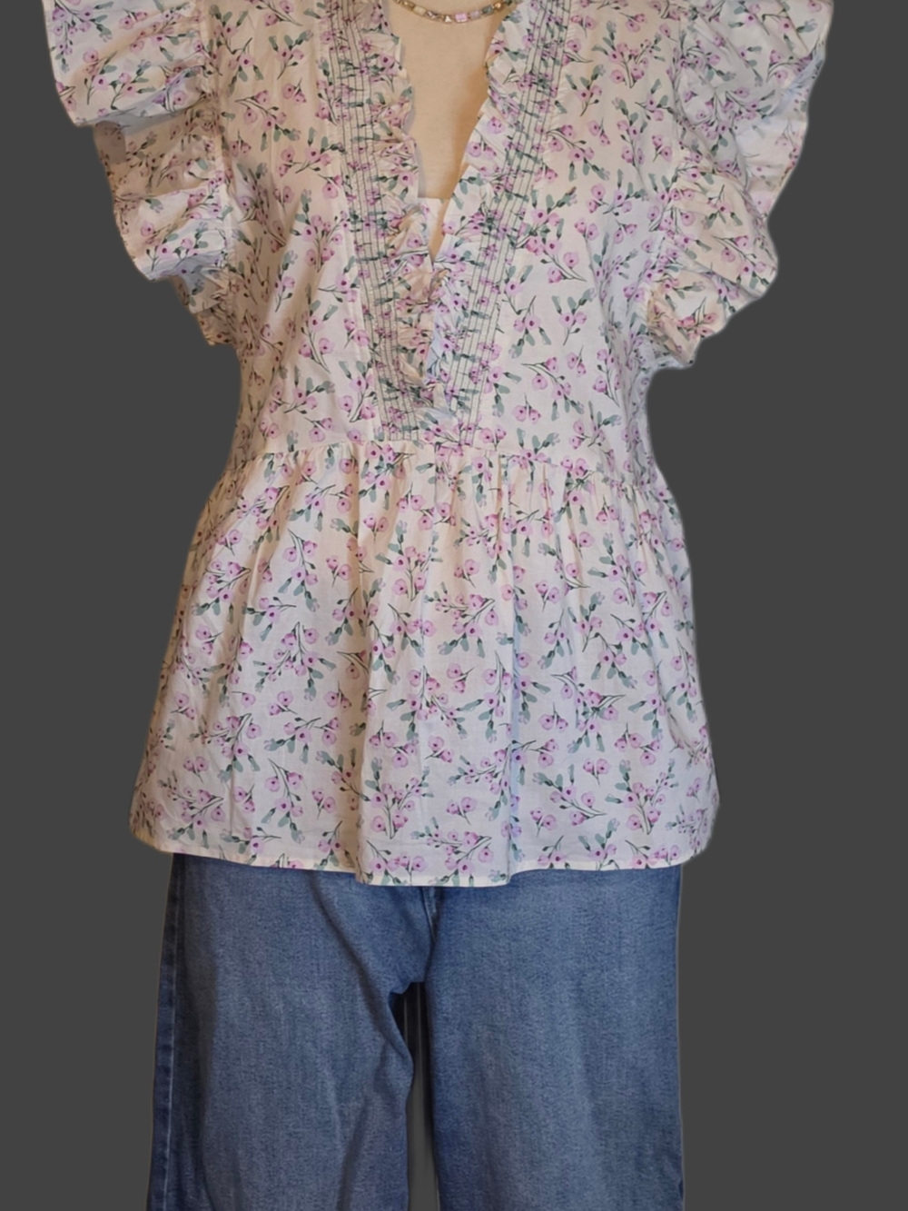 She + Sky White Floral Ruffled V-Neck Peplum Top with Pink & Green Print